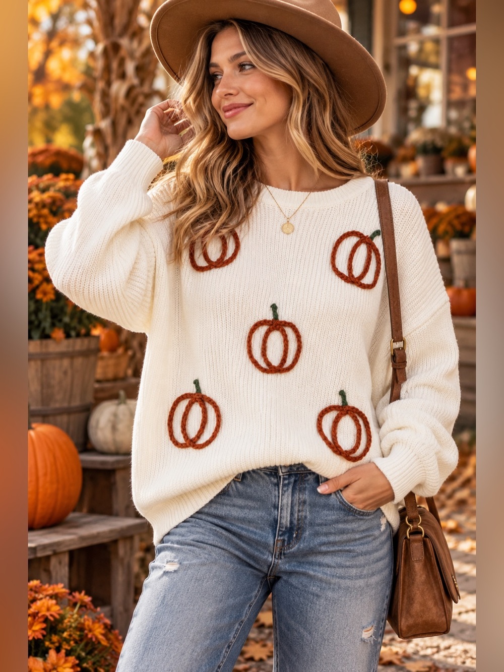 Simply Southern Ivory Knit Sweater Pumpkins Embroidered Medium Fall Festival